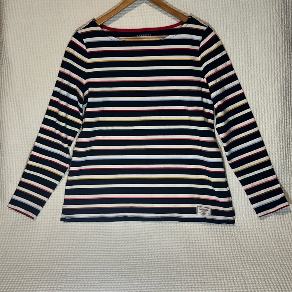 Talbots‎ top Navy striped Multicolor Sz M Bayeux Stripe Long Sleeve Bateau